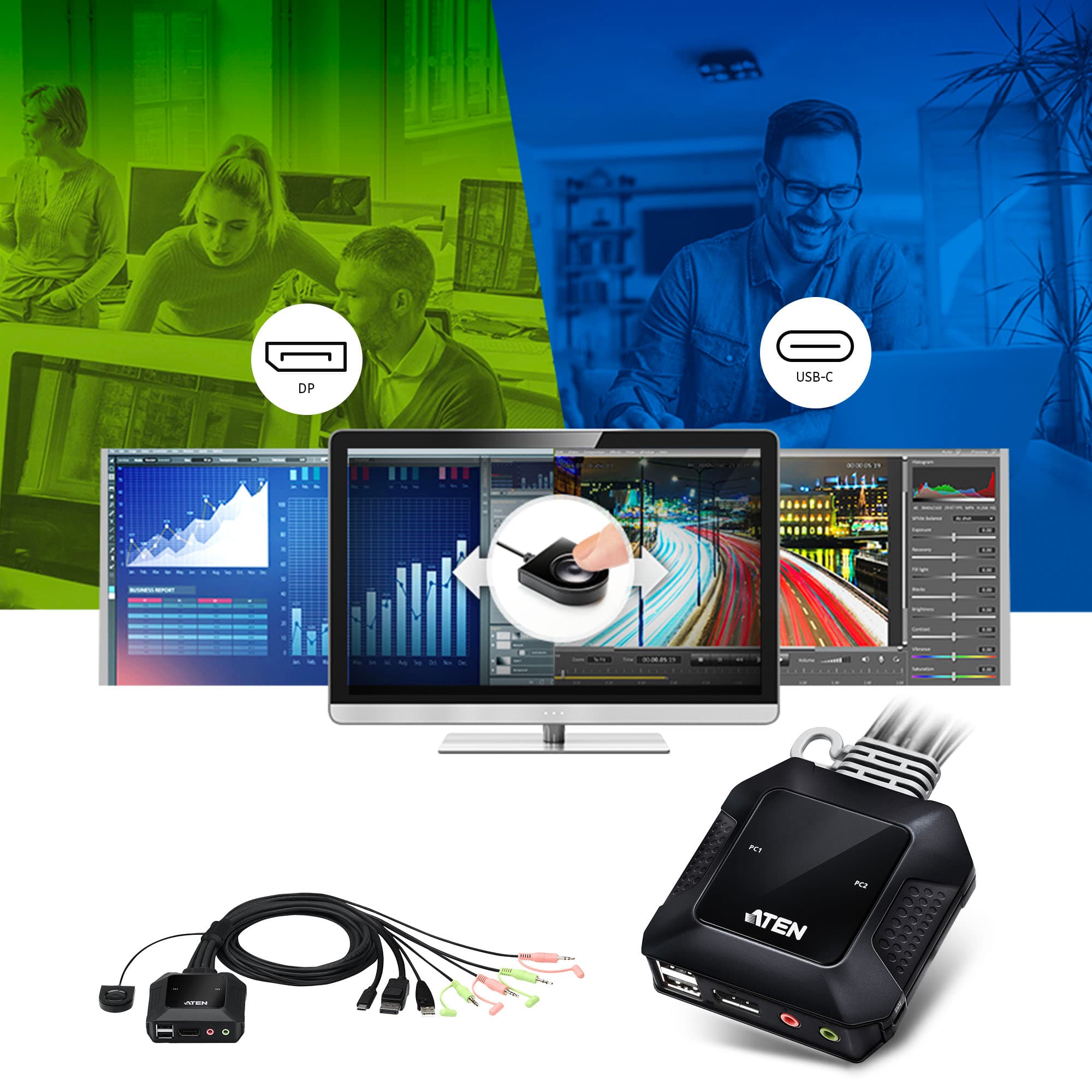 2-Port USB-C DisplayPort Hybrid Cable KVM Switch — изглед 5